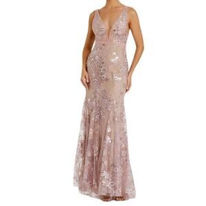 Mac Duggal Rose Pink Floral Embellished Sleeveless Plunge Neck Gown Women’s Sz 4